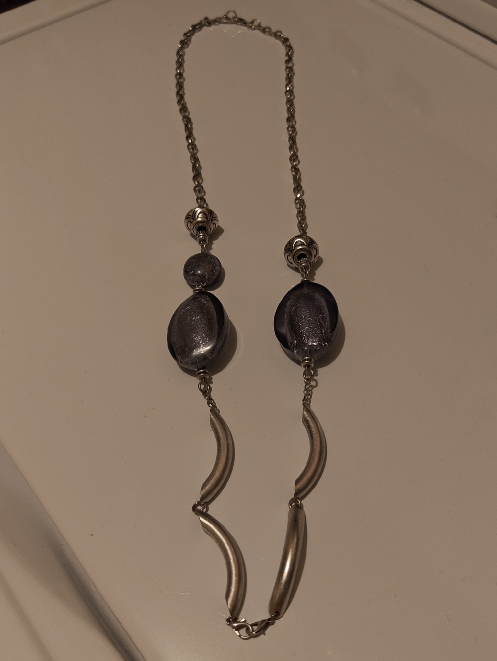 Silver-Tone Necklace with Dark Gray / Purple Glass Beads